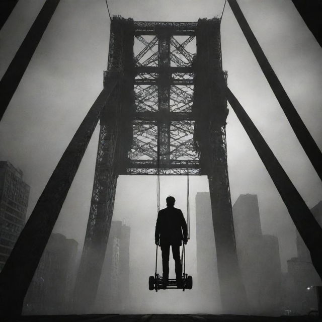A person trapped inside a wheeled steel construct under towering giants, with haunting dark shadows competing for fresh air in a bustling suspended city. Dreams uncertain of where they belong.
