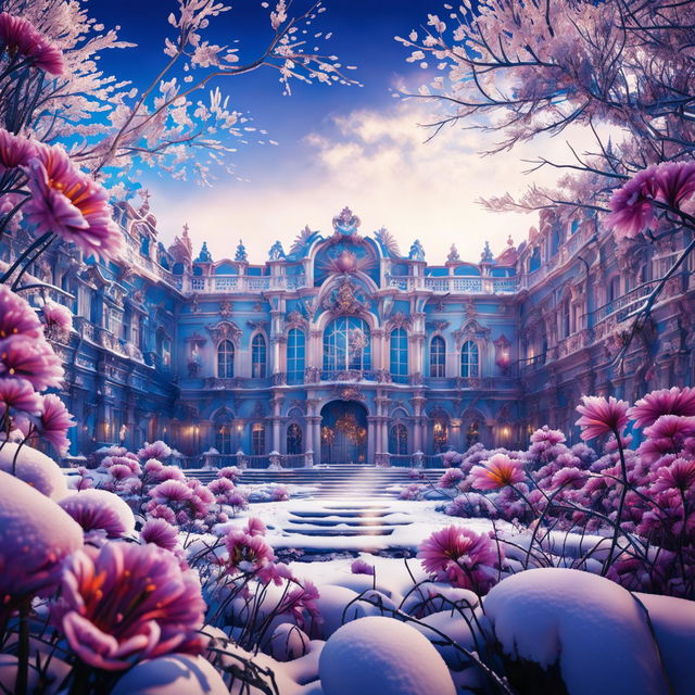 Hyper-realistic 3D photograph of Rococo-style Winter Palace in snowy forest with vibrant flowers in close-up view.