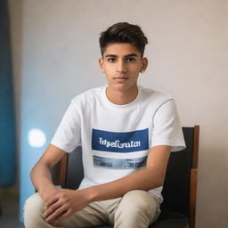 A realistic image of a 16-year-old boy wearing trend-setting fashion, sitting on a chair adorned with the Instagram logo. In the background is a mockup of his social media profile page with the name 'Iftikhar' and a profile picture, subtly illuminated by soft light reflections.