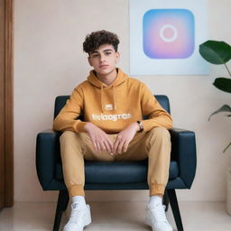 A realistic image of a 16-year-old boy wearing trend-setting fashion, sitting on a chair adorned with the Instagram logo. In the background is a mockup of his social media profile page with the name 'Iftikhar' and a profile picture, subtly illuminated by soft light reflections.