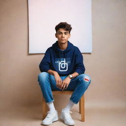 A realistic image of a 16-year-old boy wearing trend-setting fashion, sitting on a chair adorned with the Instagram logo. In the background is a mockup of his social media profile page with the name 'Iftikhar' and a profile picture, subtly illuminated by soft light reflections.