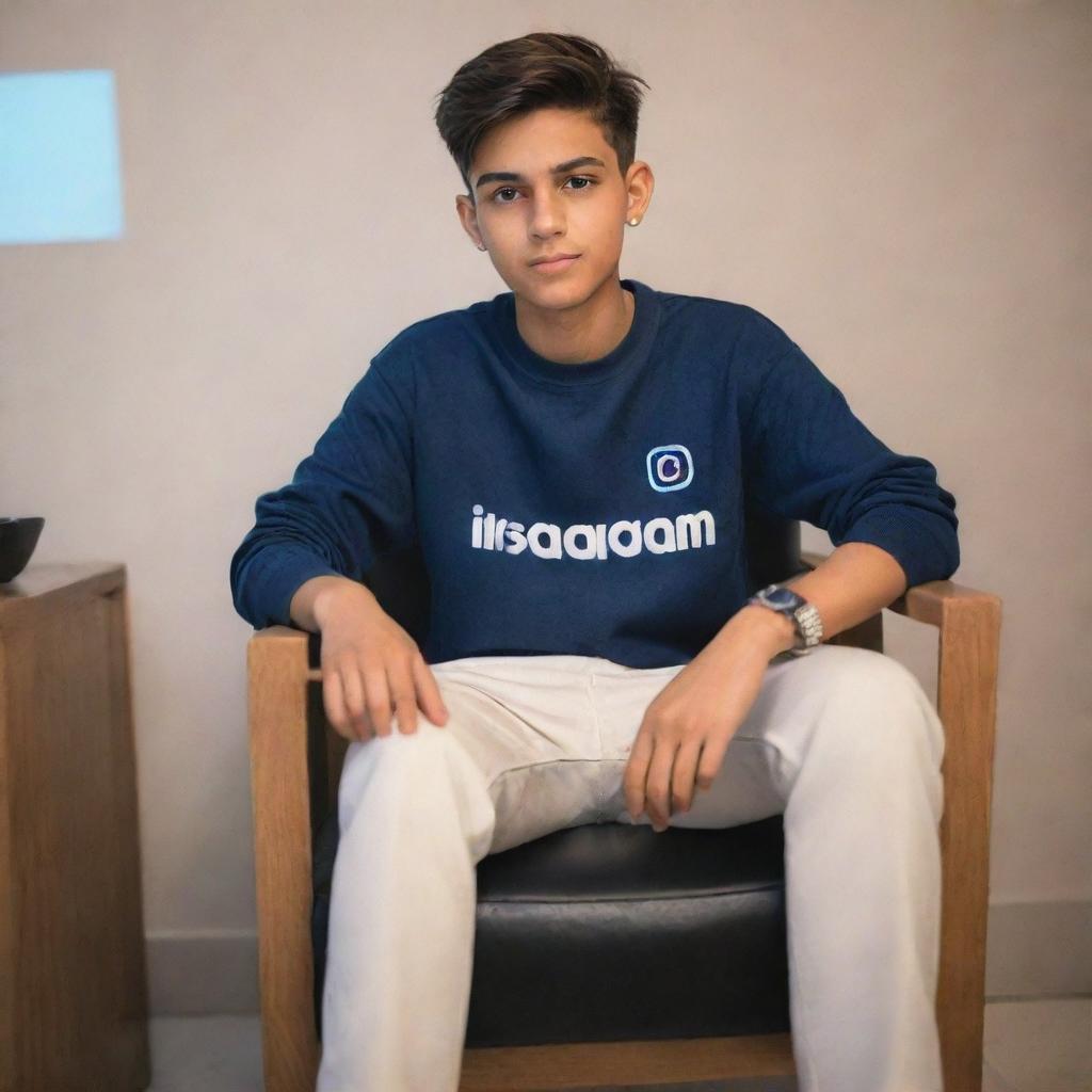 A realistic image of a 16-year-old boy wearing trend-setting fashion, sitting on a chair adorned with the Instagram logo. In the background is a mockup of his social media profile page with the name 'Iftikhar' and a profile picture, subtly illuminated by soft light reflections.