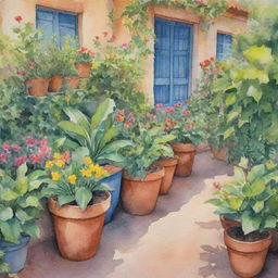 Watercolor painting of an enchanting garden filled with lush plants and charismatic flower pots