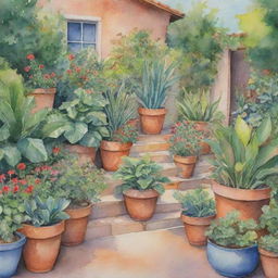 Watercolor painting of an enchanting garden filled with lush plants and charismatic flower pots