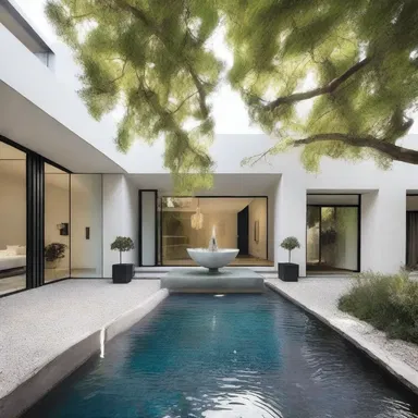 The architect designed a modern and stylish house with a bubbly fountain in the courtyard.