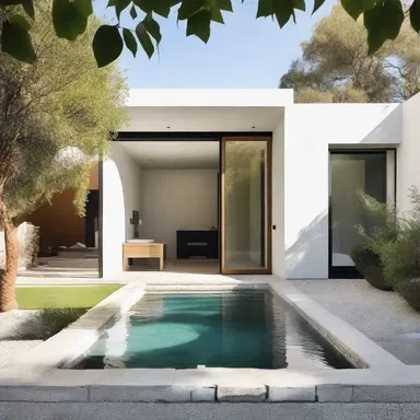 The architect designed a modern and stylish house with a bubbly fountain in the courtyard.