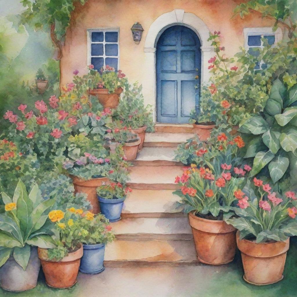 Watercolor painting of an enchanting garden filled with lush plants and charismatic flower pots