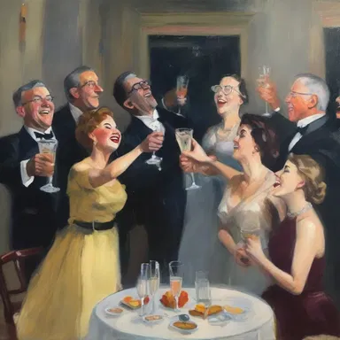 The painter captured the joy and celebration of the New Year's party with a painting of people clinking glasses of bubbly.