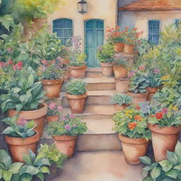 Watercolor painting of an enchanting garden filled with lush plants and charismatic flower pots