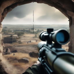 An intense, high-quality digital artwork showcasing a first-person view from a World War II sniper's perspective