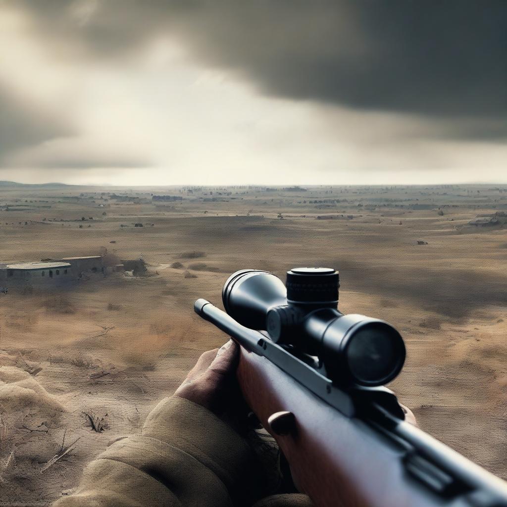 An intense, high-quality digital artwork showcasing a first-person view from a World War II sniper's perspective