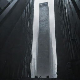 A scene capturing the feeling of being trapped inside a wheeled metal structure, under towering skyscrapers. Dark shadows haunting the surroundings, competing for clean air in a bustling, elevated city. An ambiguous dreamlike quality pervades the scene.