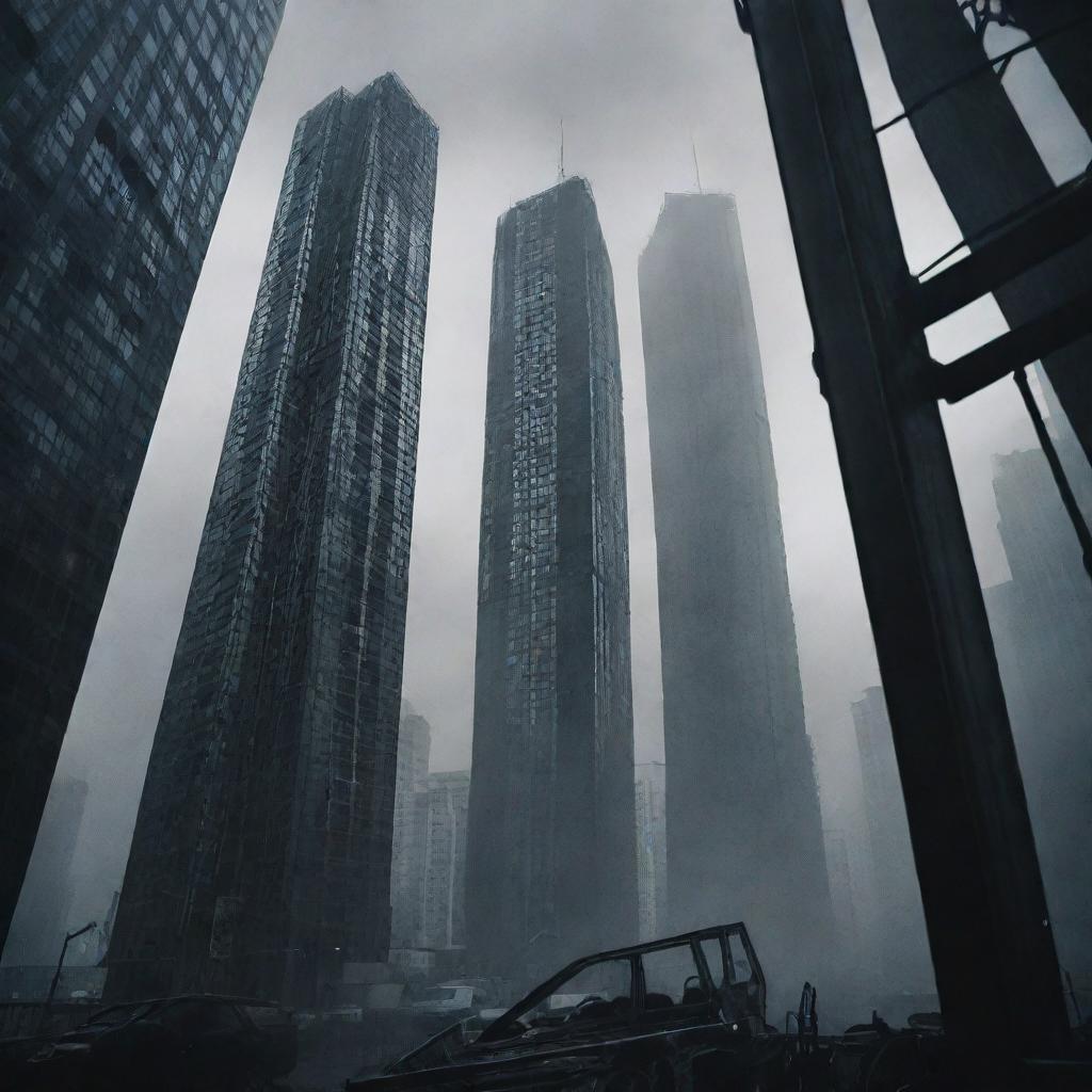 A scene capturing the feeling of being trapped inside a wheeled metal structure, under towering skyscrapers. Dark shadows haunting the surroundings, competing for clean air in a bustling, elevated city. An ambiguous dreamlike quality pervades the scene.