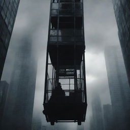 A scene capturing the feeling of being trapped inside a wheeled metal structure, under towering skyscrapers. Dark shadows haunting the surroundings, competing for clean air in a bustling, elevated city. An ambiguous dreamlike quality pervades the scene.