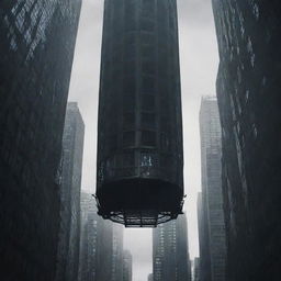 A scene capturing the feeling of being trapped inside a wheeled metal structure, under towering skyscrapers. Dark shadows haunting the surroundings, competing for clean air in a bustling, elevated city. An ambiguous dreamlike quality pervades the scene.