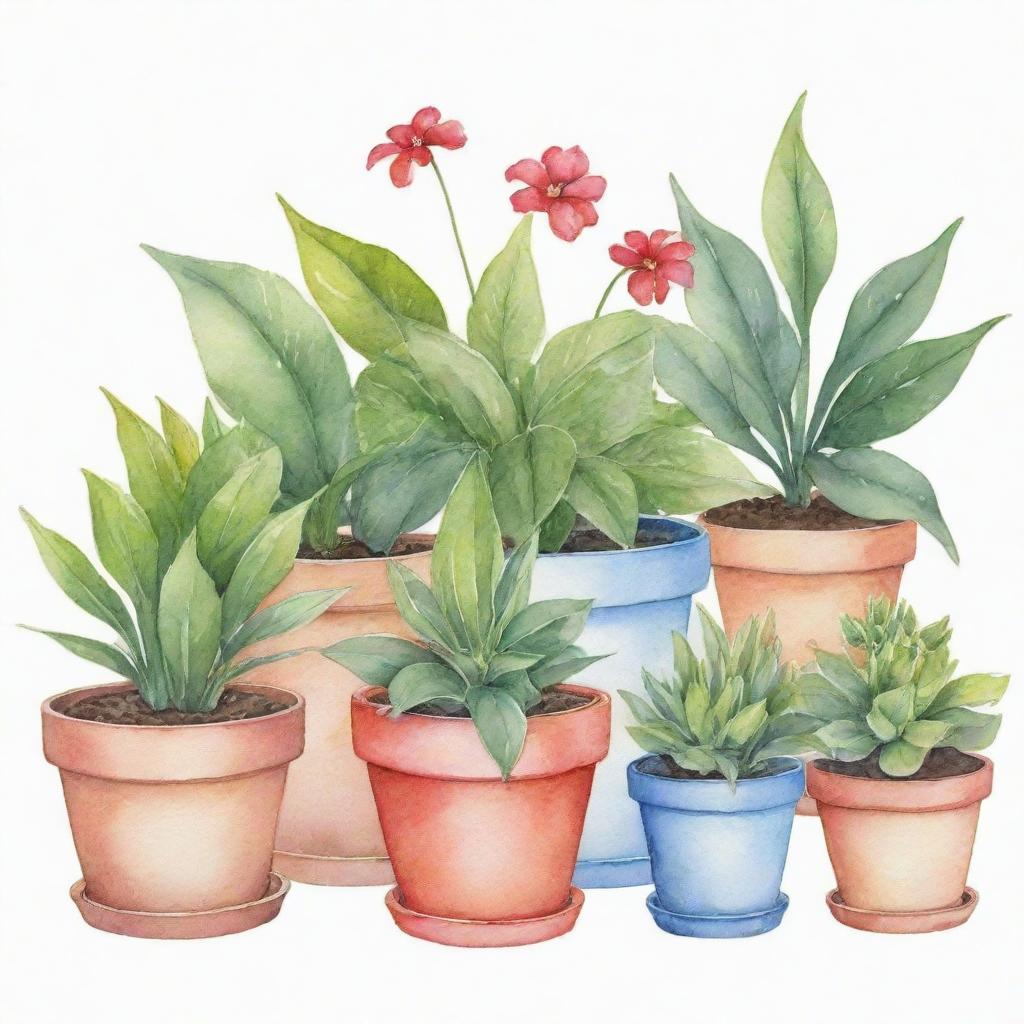 Create a vibrant garden scene with assorted plants in pots using a watercolor style, contrasted against a pristine white background.