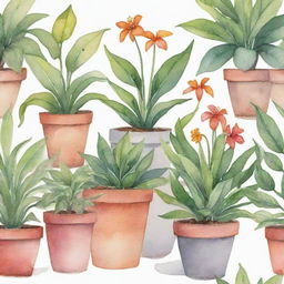 Create a vibrant garden scene with assorted plants in pots using a watercolor style, contrasted against a pristine white background.