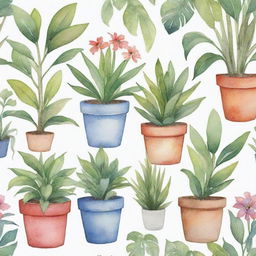 Create a vibrant garden scene with assorted plants in pots using a watercolor style, contrasted against a pristine white background.