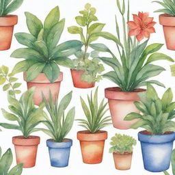 Create a vibrant garden scene with assorted plants in pots using a watercolor style, contrasted against a pristine white background.