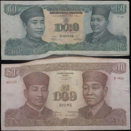 A 1:1 ratio image comparing real Indonesian money with counterfeit, highlighting key differences in texture, markings, and coloration.