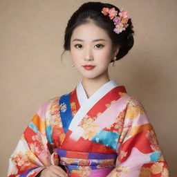 A traditional Japanese girl dressed in a richly decorated, colorful kimono standing gracefully.