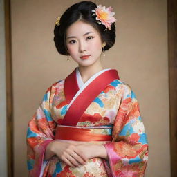 A traditional Japanese girl dressed in a richly decorated, colorful kimono standing gracefully.