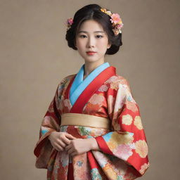 A traditional Japanese girl dressed in a richly decorated, colorful kimono standing gracefully.