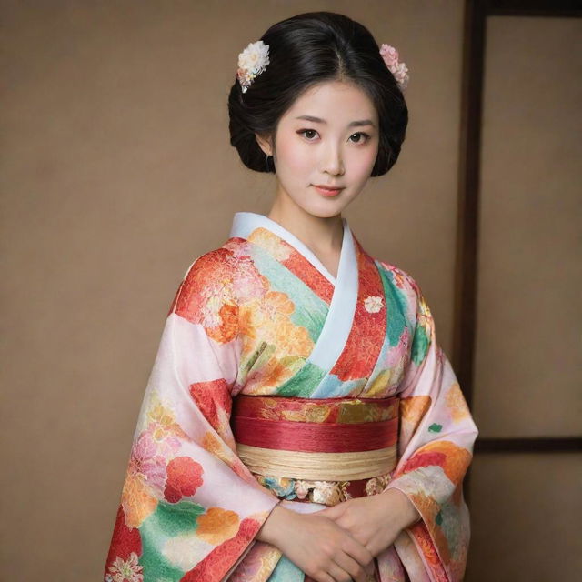 A traditional Japanese girl dressed in a richly decorated, colorful kimono standing gracefully.