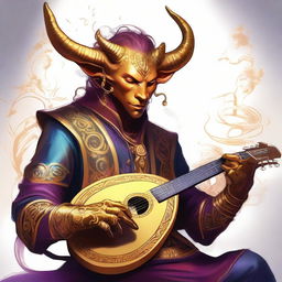 An image of a tiefling bard with gleaming golden skin