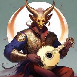 An image of a tiefling bard with gleaming golden skin