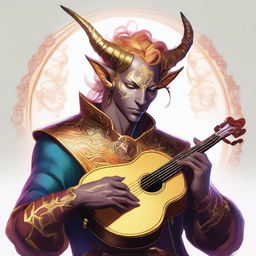 An image of a tiefling bard with gleaming golden skin