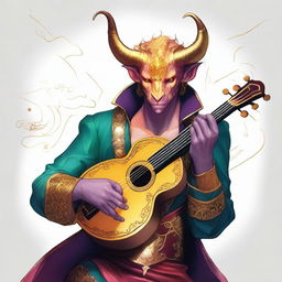 An image of a tiefling bard with gleaming golden skin