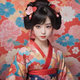 An anime-style girl with incredible detail and color, adorned in a traditional Japanese kimono, filled with vibrant colors and intricate patterns.