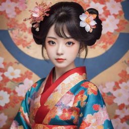 An anime-style girl with incredible detail and color, adorned in a traditional Japanese kimono, filled with vibrant colors and intricate patterns.