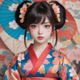 An anime-style girl with incredible detail and color, adorned in a traditional Japanese kimono, filled with vibrant colors and intricate patterns.