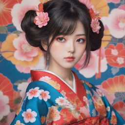 An anime-style girl with incredible detail and color, adorned in a traditional Japanese kimono, filled with vibrant colors and intricate patterns.