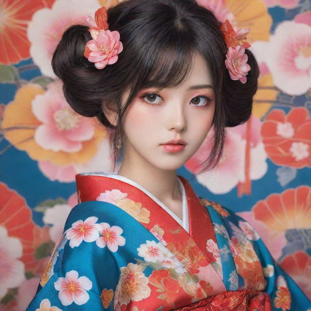 An anime-style girl with incredible detail and color, adorned in a traditional Japanese kimono, filled with vibrant colors and intricate patterns.