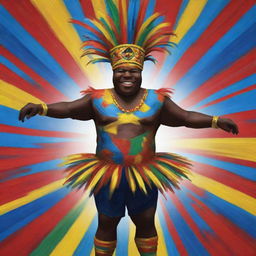 Roblox-style version of the Carnival of Barranquilla, abstract painting style of Alejandro Obregon, featuring a central Roblox avatar dressed as a Congo dancer.