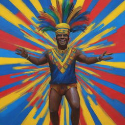 Roblox-style version of the Carnival of Barranquilla, abstract painting style of Alejandro Obregon, featuring a central Roblox avatar dressed as a Congo dancer.