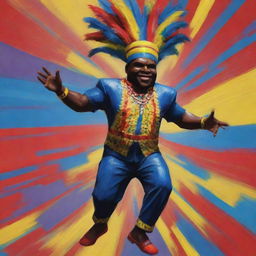 Roblox-style version of the Carnival of Barranquilla, abstract painting style of Alejandro Obregon, featuring a central Roblox avatar dressed as a Congo dancer.