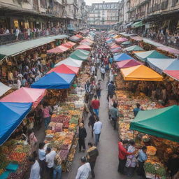 A bustling shopping market overflowing with colorful stalls, a variety of products, and busy shoppers.