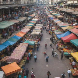 A bustling shopping market overflowing with colorful stalls, a variety of products, and busy shoppers.