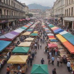 A bustling shopping market overflowing with colorful stalls, a variety of products, and busy shoppers.