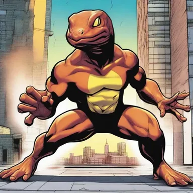 In the comic book series, the protagonist gains the ability to transform into a powerful salamander and uses this power to fight crime in the city.