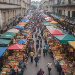 A bustling shopping market overflowing with colorful stalls, a variety of products, and busy shoppers.