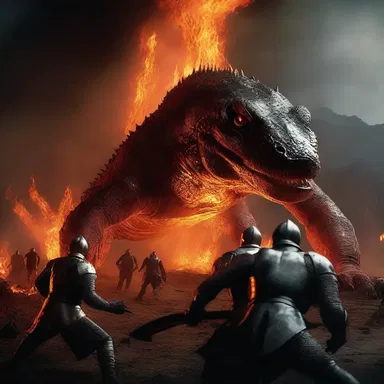 The movie showcased an epic battle between a group of courageous knights and a giant salamander dwelling within a flaming volcano.