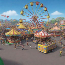 A carnival scene from Barranquilla, represented in the 3D digital art style of Roblox.