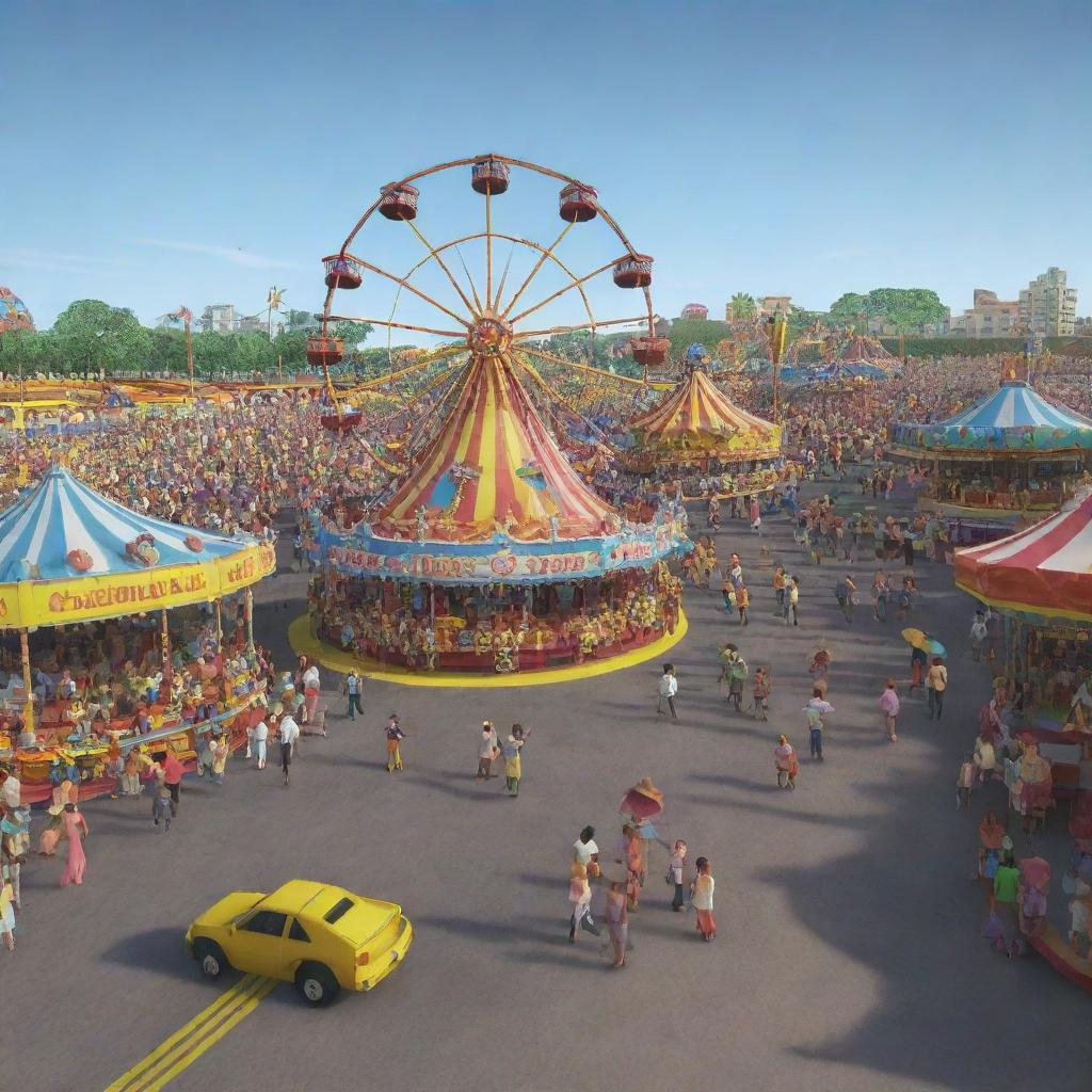 A carnival scene from Barranquilla, represented in the 3D digital art style of Roblox.