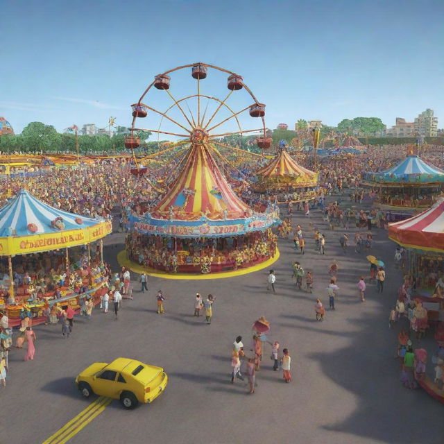 A carnival scene from Barranquilla, represented in the 3D digital art style of Roblox.