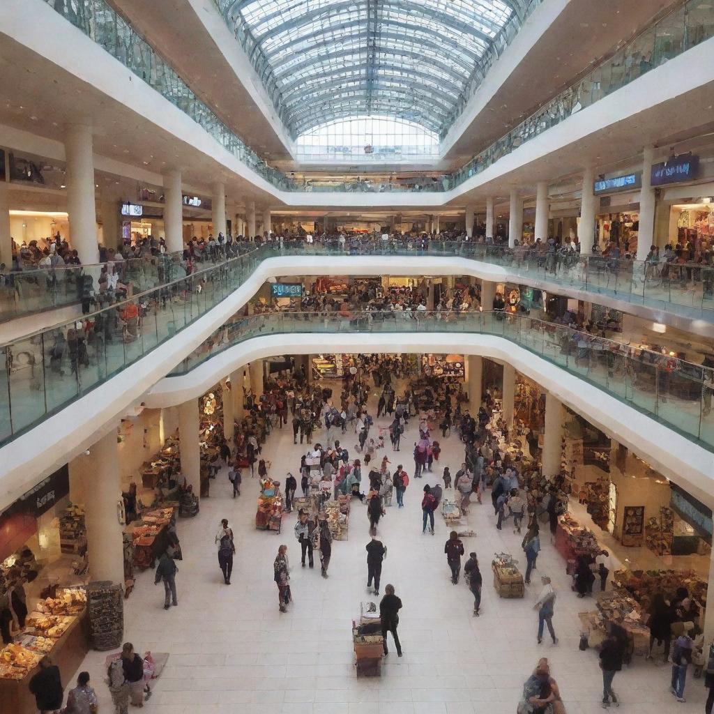 Inside a lively mall featuring a bustling shopping market filled with a diverse selection of stalls selling various goods.